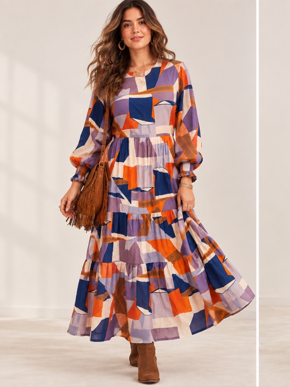 Creative Genius Abstract Geo-Print Artsy Retro Dopamine Boho 70’s Maxi Dress XL